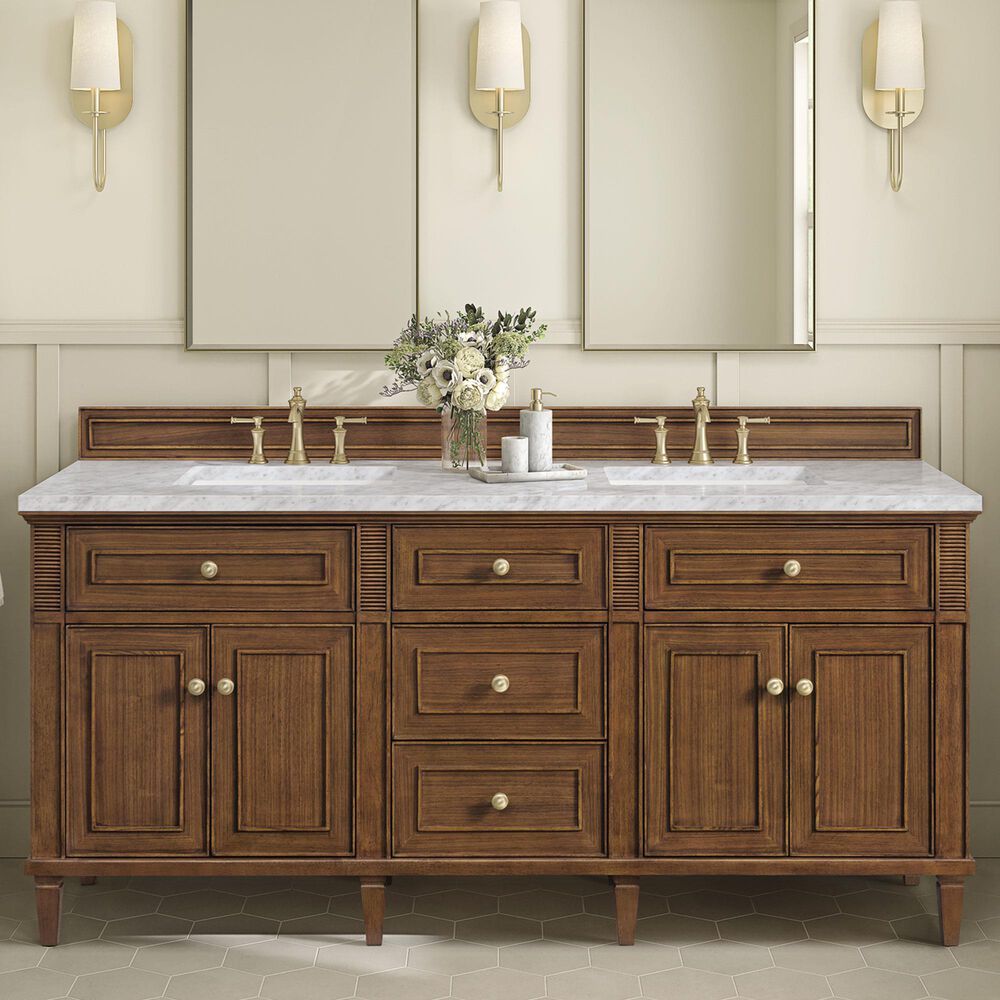James Martin Vanities Lorelai 72&quot;Double Vanity in Mid-Century Walnut with 3 cm Carrara White Marble Top, , large