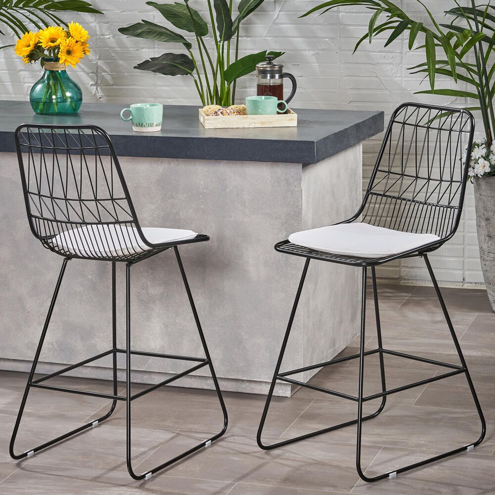 Hearth and Haven Niez Outdoor Counter Stool with Ivory Cushion in Black &#40;Set of 2&#41;, , large
