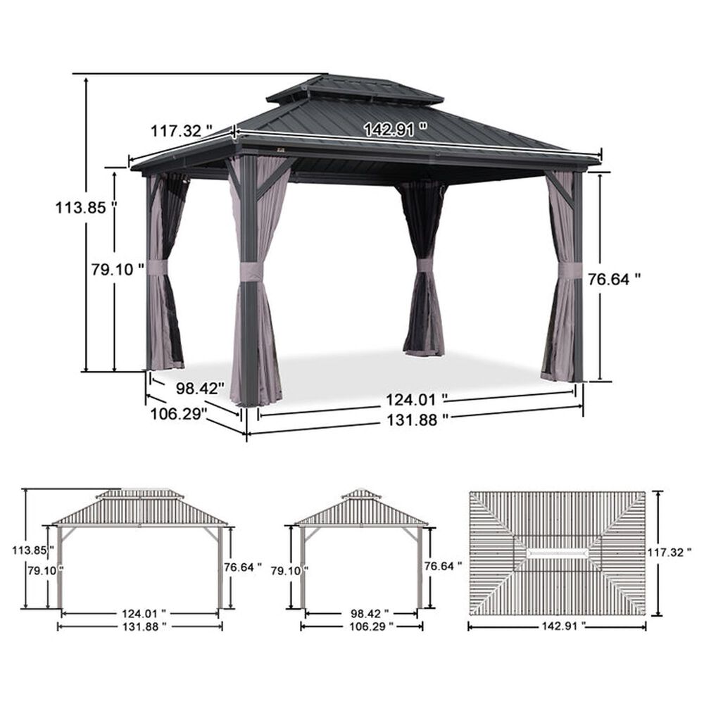 HOMLUX 10' x 12' Outdoor Hardtop Gazebo with Galvanized Steel Roof, Netting, and Curtains Gray, , large