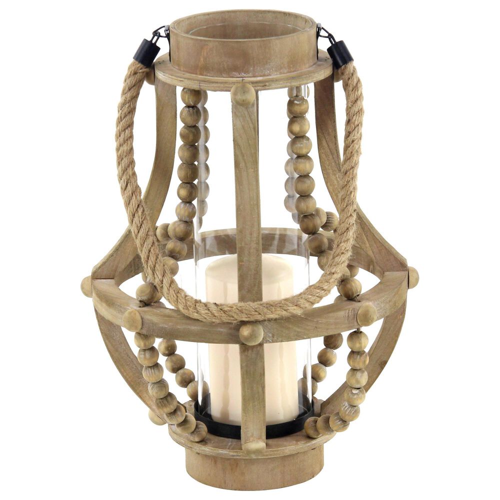 Maple and Jade Beaded Decorative Indoor/Outdoor Candle Lantern in Washed Beige, , large