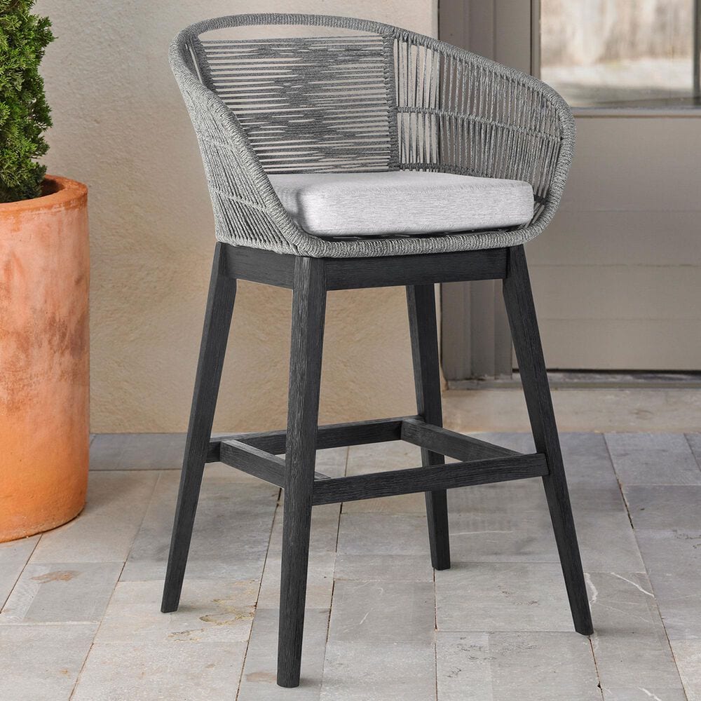 Armen Living Tutti Frutti Patio Counter Height Bar Stool with Light Gray Cushion in Black, , large