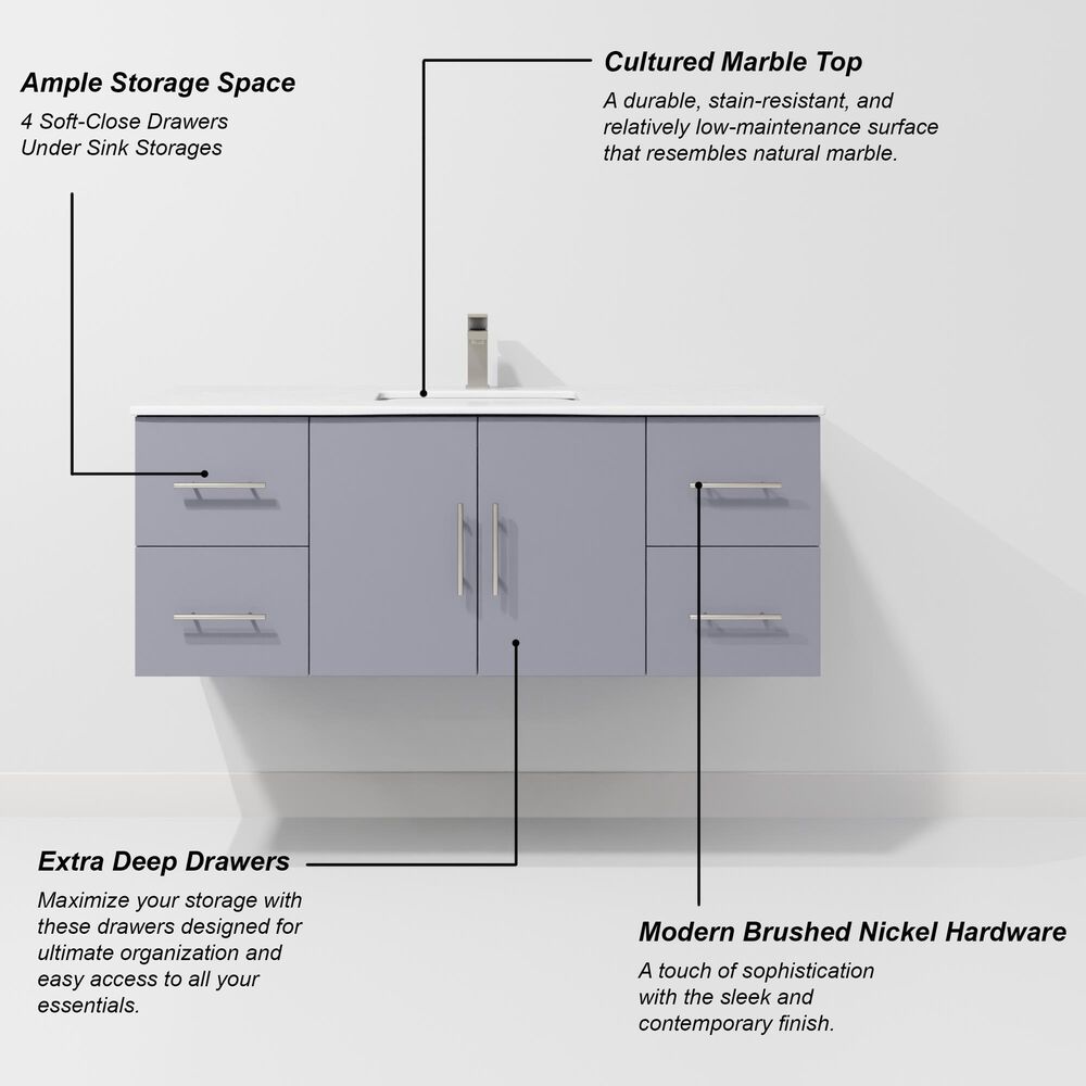 Lexora Home Geneva 48&quot; Single Bathroom Vanity in Dark Grey with 2 cm White Cultured Marble Top and Rectangular Sink, , large