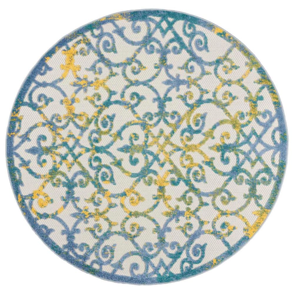 4' Round Ivory And Blue Round Floral Indoor Outdoor Area Rug