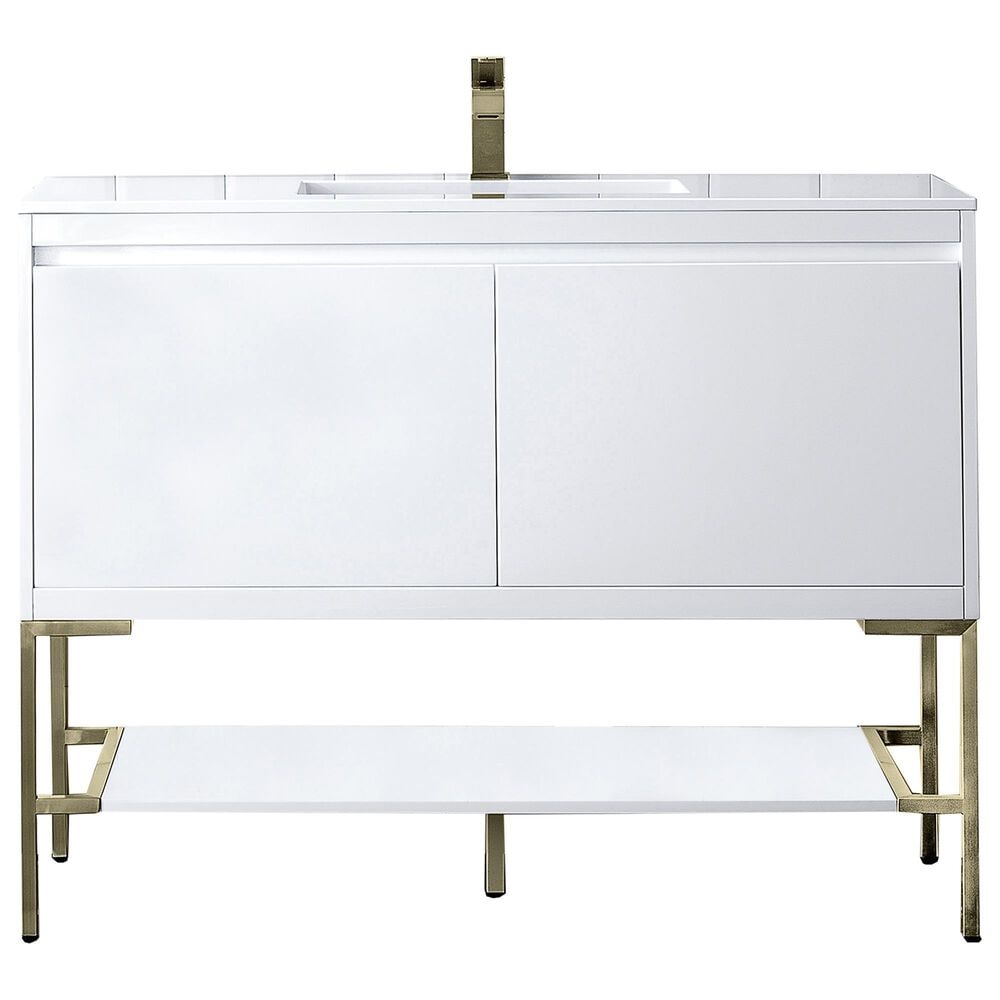 James Martin Vanities Mantova 47.3" Single Vanity in Glossy White and Champagne Brass with 3 cm Glossy White Composite Stone Top and Rectangular Sink, , large