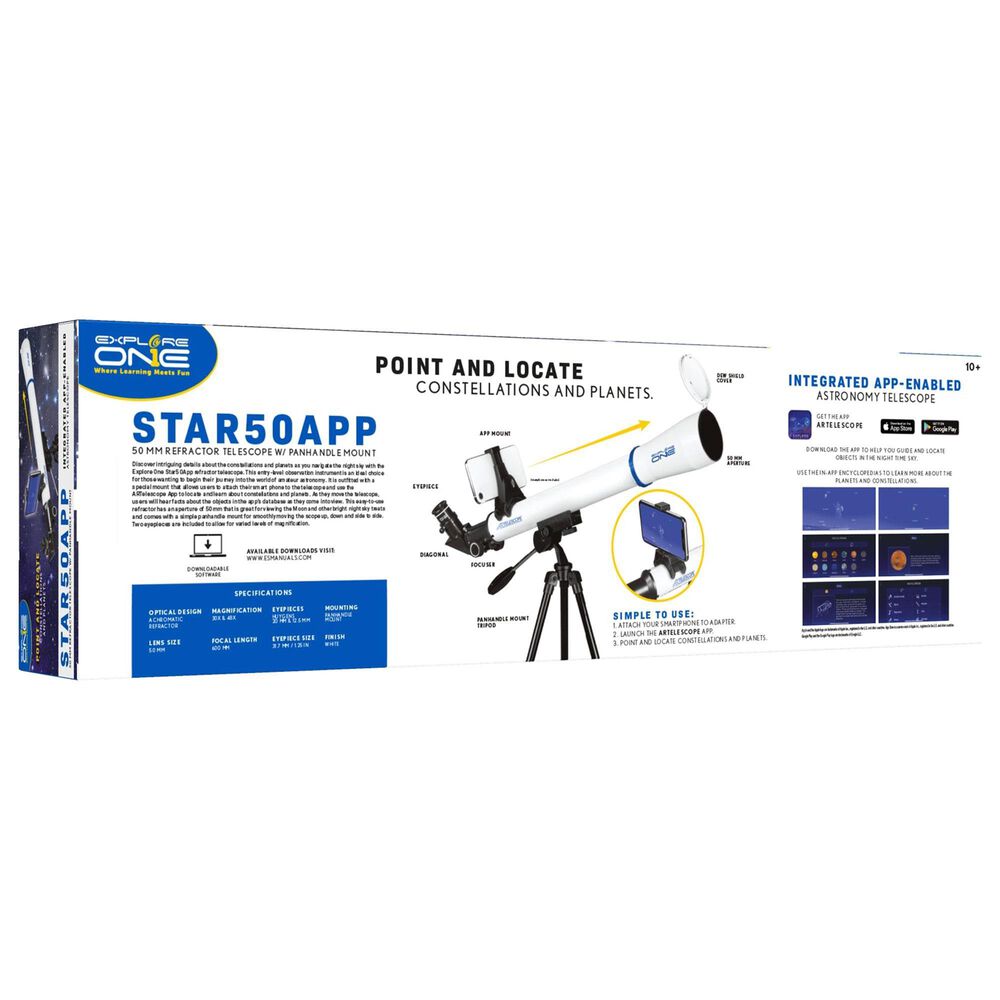 Explore One Explore One STARAPP - 50mm Refractor Telescope with Panhandle Mount in White, , large