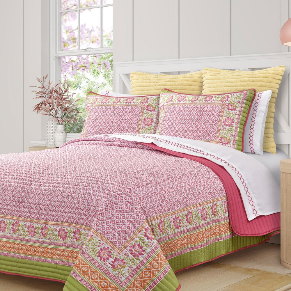 J. Queen New York Shiloh 3-Piece Full/Queen Quilt Set in Pink, Green and Orange, , large