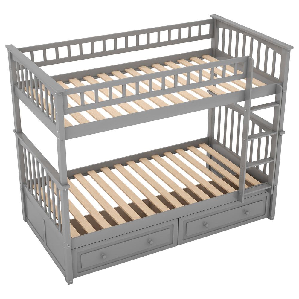 Hearth and Haven Twin over Twin Convertible Bunk Bed with Drawers in Gray, , large