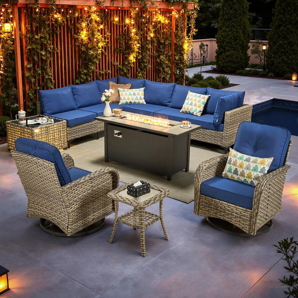 HOMLUX 11-Piece Outdoor Modular Sofa Conversation Set in Navy Blue, , large
