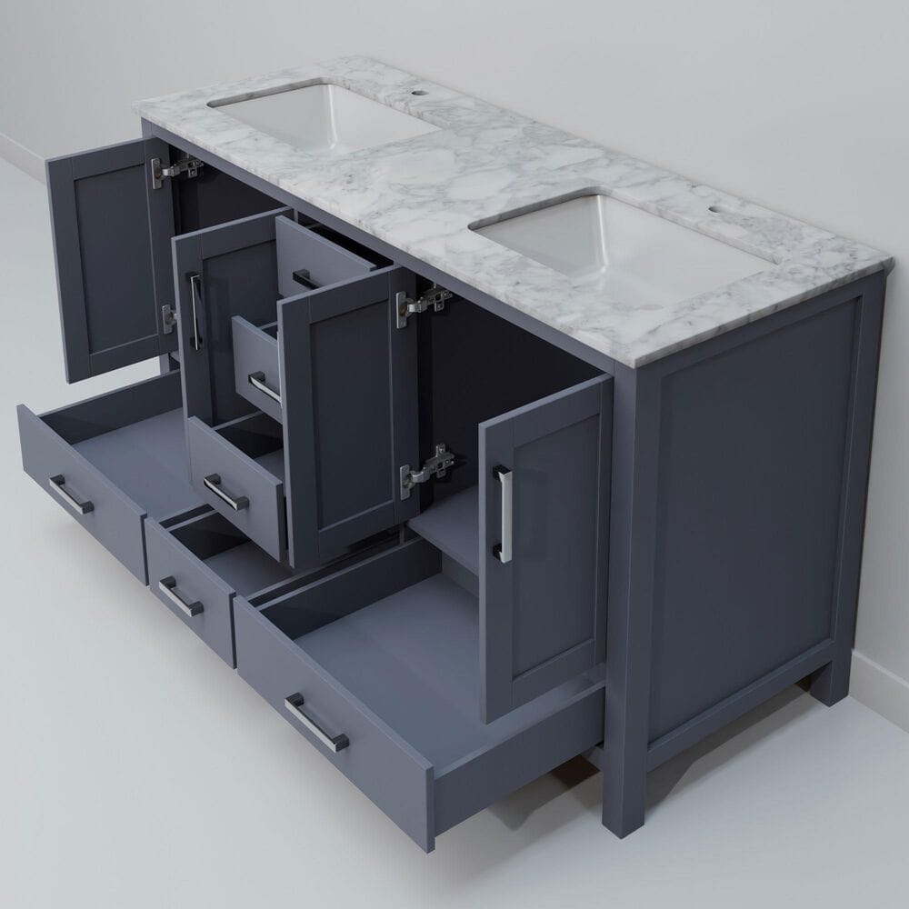 Lexora Home Jacques 60" Double Bathroom Vanity in Dark Grey with 2 cm White Carrara Marble Top and Rectangular Sinks, , large