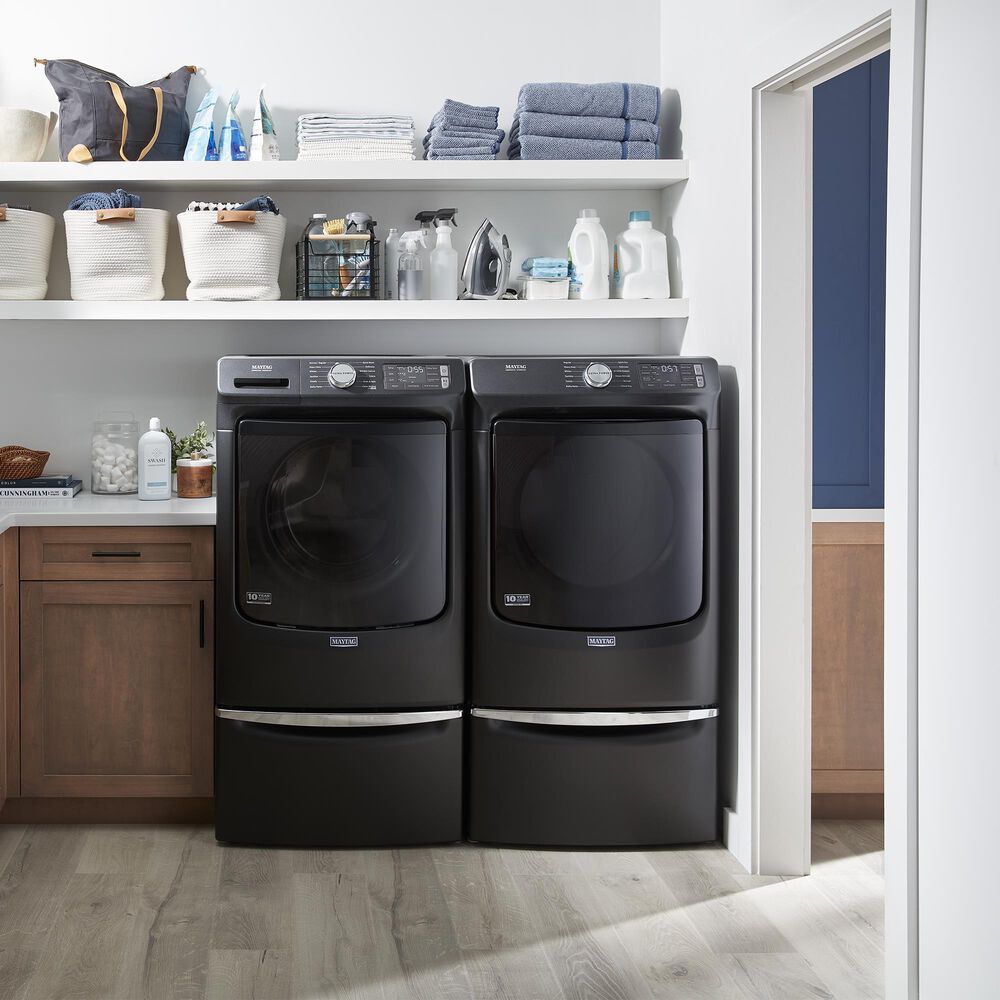 Maytag 4.8 Cu. Ft. Front Load Washer and 7.3 Cu.Ft. Gas Dryer Laundry Pair with Pedestal in Volcano Black, , large