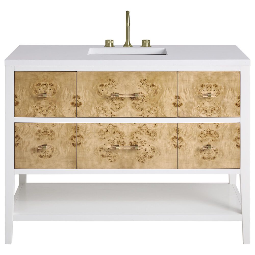 James Martin Vanities Olena 48" Single Vanity in Light Mappa Burl and Polished White with 3 cm White Zeus Quartz Top, , large