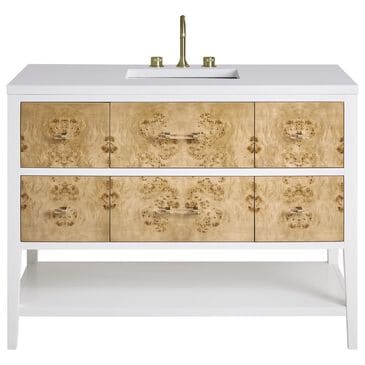 James Martin Vanities Olena 48" Single Vanity in Light Mappa Burl and Polished White with 3 cm White Zeus Quartz Top, , large