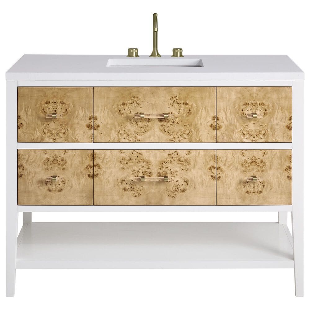 James Martin Vanities Olena 48" Single Vanity in Light Mappa Burl and Polished White with 3 cm White Zeus Quartz Top, , large