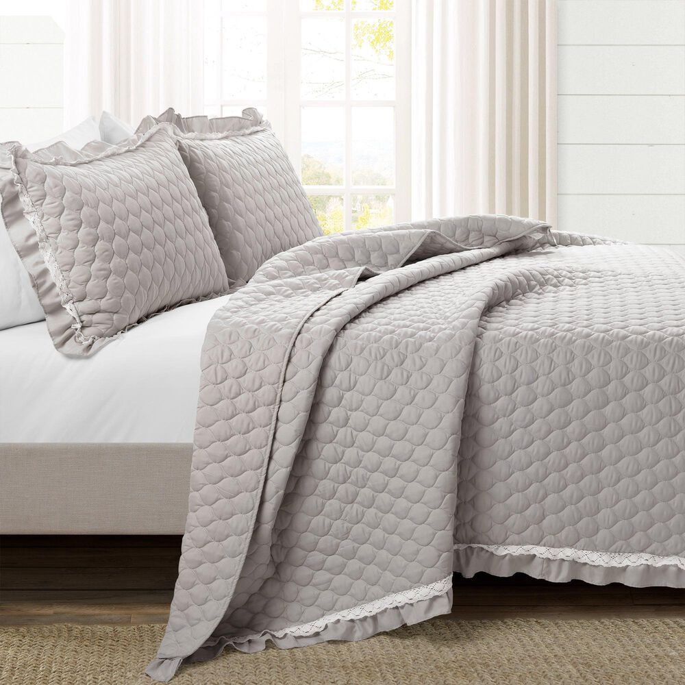 Triangle Home Fashions Ella Ruffle Lace 3-Piece Queen Quilt Set in Light Gray, , large