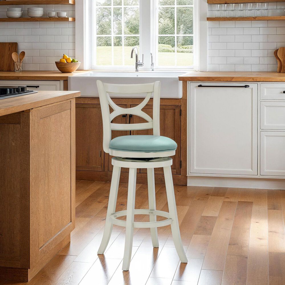 Linon Home Decor Sawyer Swivel Bar Stool with Sky Blue Cushion in Cream, , large