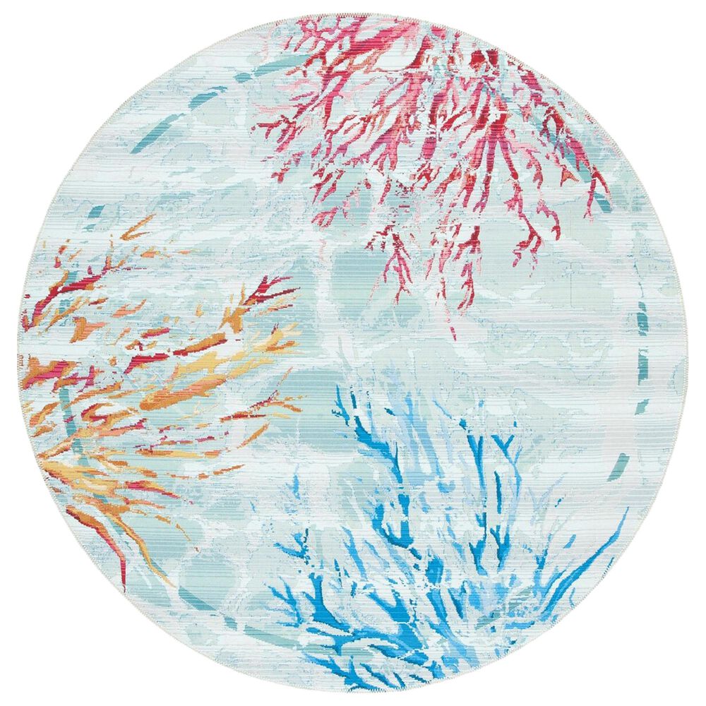 Safavieh Barbados Tropical Coral 8" Round Teal and White Indoor/Outdoor Area Rug, , large