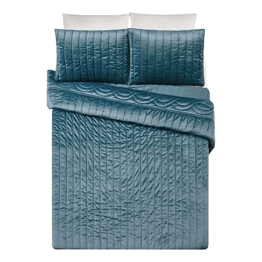 Peking Handicraft Velvet Cable Luxury 3-Piece King Quilt Set in Blue, , large