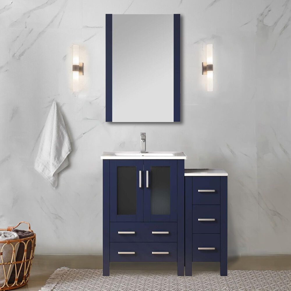 Lexora Home Volez 36&quot; Single Bathroom Vanity in Navy Blue with White Ceramic Top and Rectangular Sink, , large
