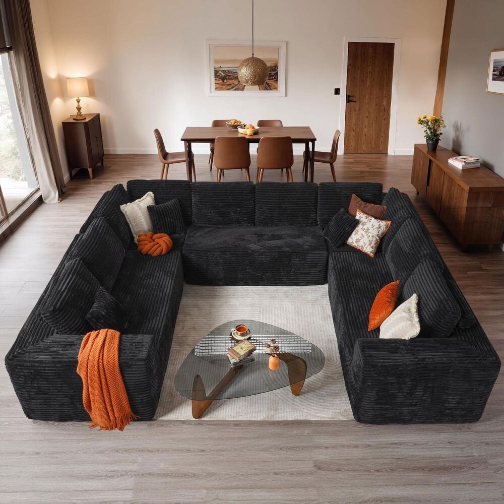 HOMLUX Modular Floor Sofa with Plush Corduroy, U-Shaped Sectional Couch with Chaise in Black, , large