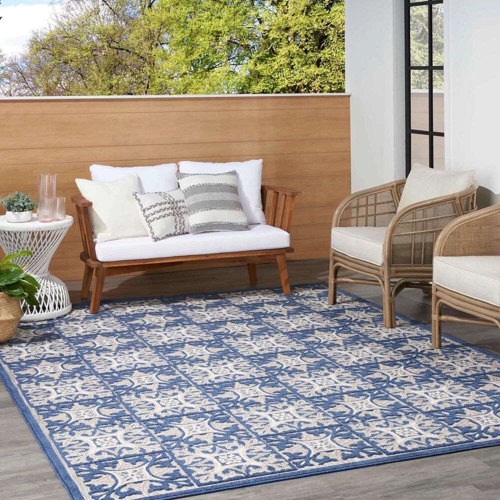 Nourison Aloha Damask 5&#39;3&quot; x 7&#39;5&quot; Blue Indoor/Outdoor Area Rug, , large
