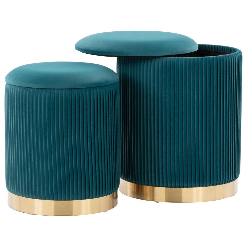 Lumisource Marla 2-Piece Nesting Pleated Ottoman Set Peacock Teal, , large
