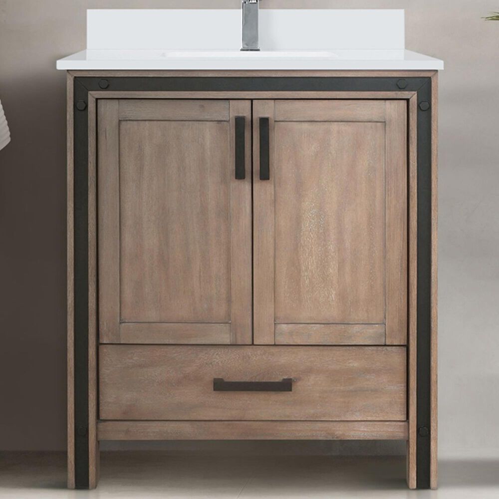 Lexora Home Ziva 30&quot; Single Bathroom Vanity in Rustic Barnwood with 2 cm White Cultured Marble Top and Rectangular Sink, , large
