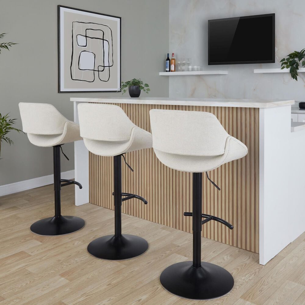 LumiSource Fabrico Swivel Adjustable Bar Stool with Cream Noise Fabric Upholstery and Rounded T Footrest in Black (Set of 2), , large