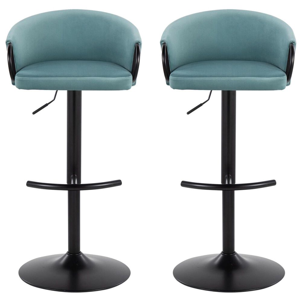 LumiSource Claire Swivel Adjustable Barstool with Light Blue Velvet Upholstery in Black (Set of 2), , large