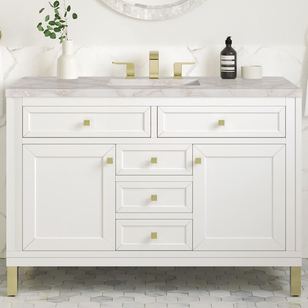 James Martin Vanities Chicago 48&quot; Single Bathroom Vanity in Glossy White with 3 cm Victorian Silver Quartz Top and Rectangular Sink, , large