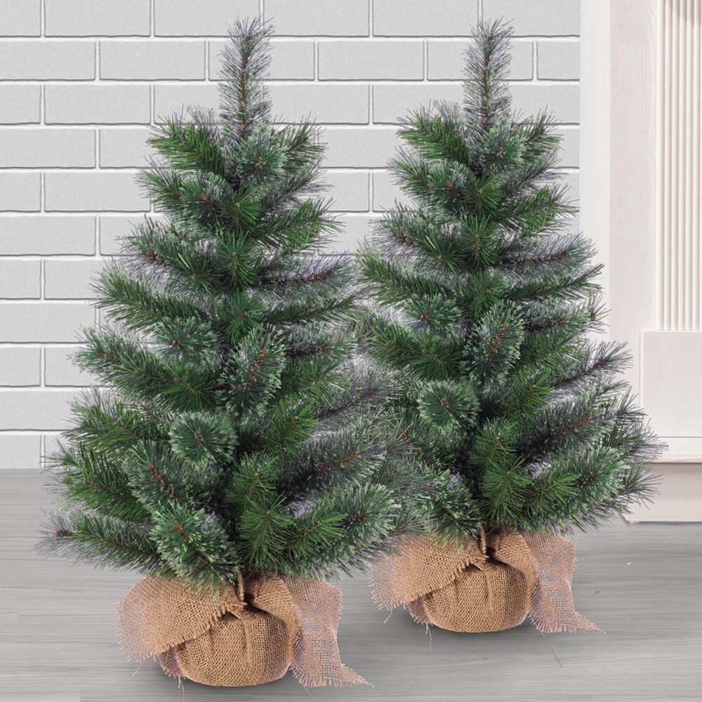 The Gerson Company 30&quot; Hard Needle Pine Tree with Burlap Bag in Green &#40;Set of 2&#41;, , large