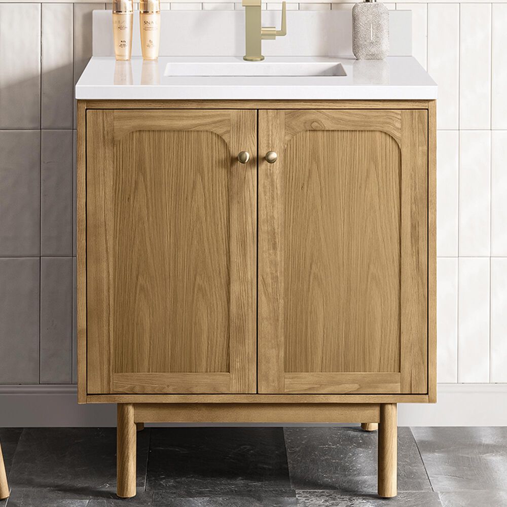 James Martin Vanities Laurent 30" Single Bathroom Vanity in Light Natural Oak with Single Hole 3 cm White Zeus Quartz Top and Rectangular Sink, , large
