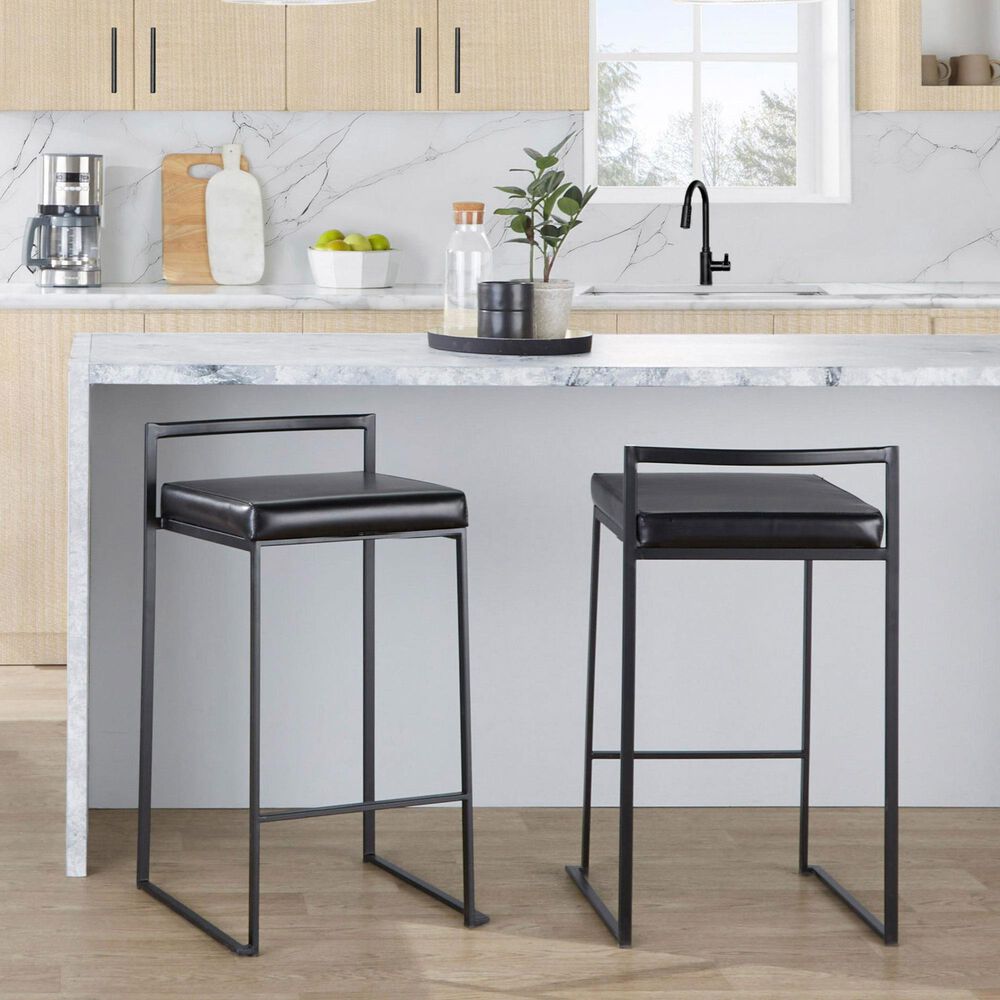 LumiSource Fuji Stackable Counter Stool with Black Faux Leather Cushion in Black &#40;Set of 2&#41;, , large