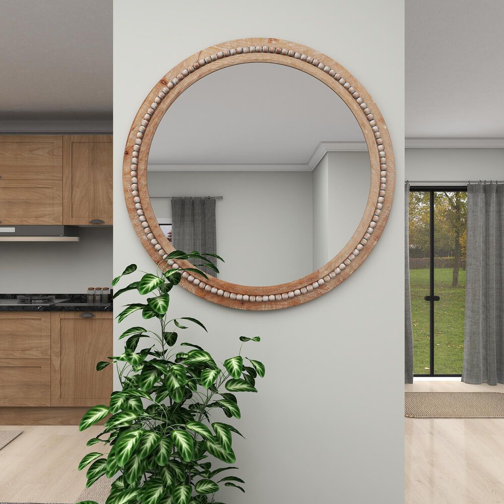 Maple and Jade 36&quot; Bohemian Wall Mirror with Beaded Frame in Distressed Light Brown and White, , large