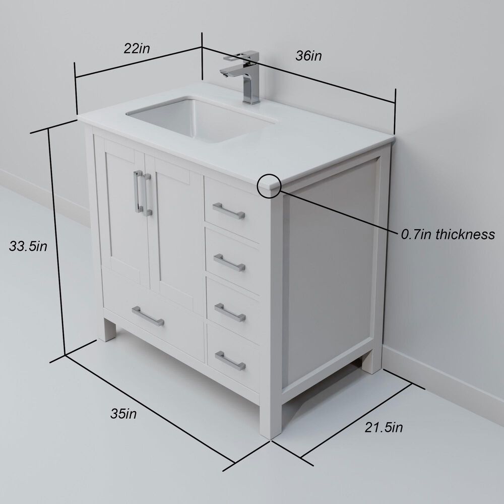 Lexora Home Jacques 36&quot; Left Offset Single Bathroom Vanity in White with 2 cm White Quartz Top and Rectangular Sink, , large