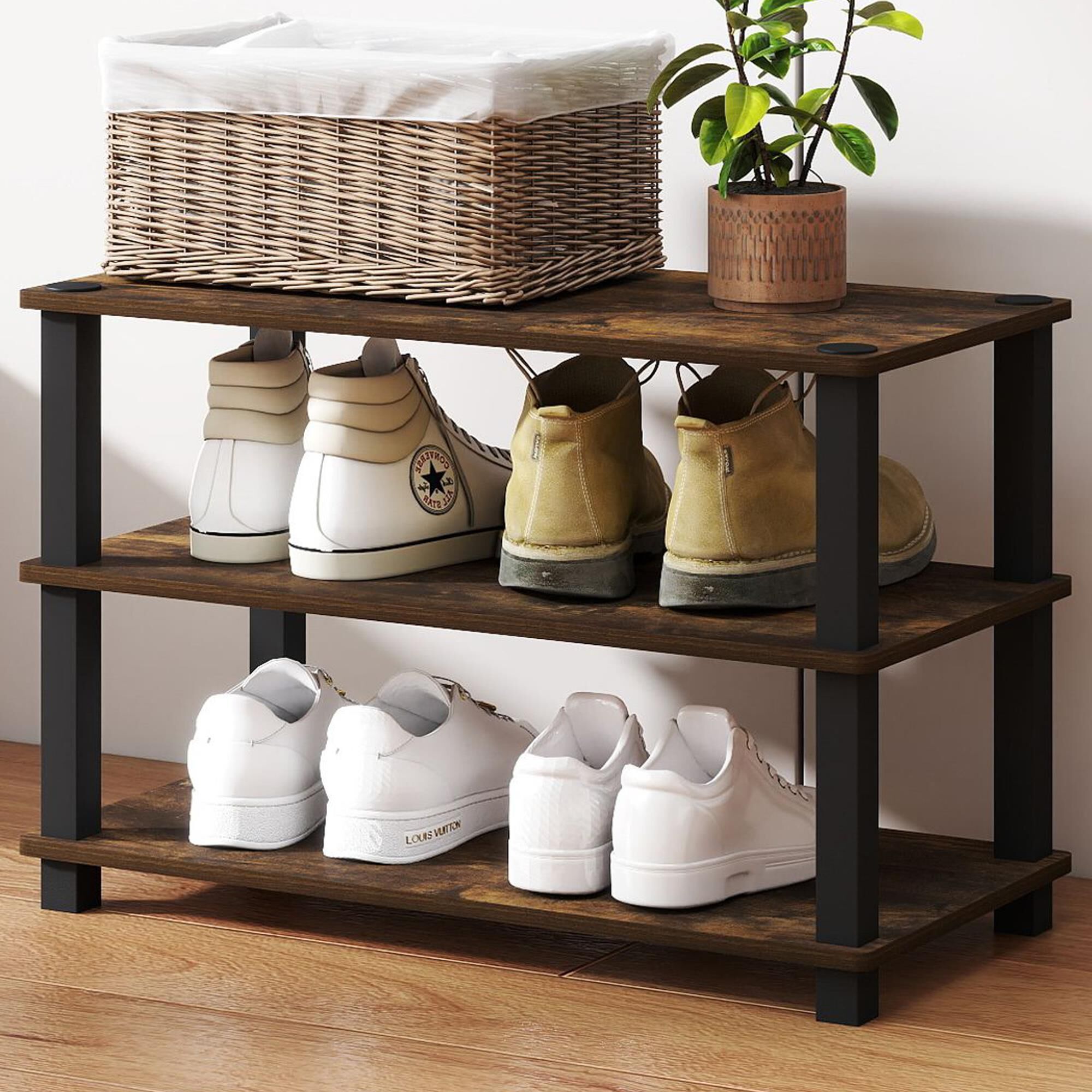 HOMLUX 3-Tier Shoe Rack in Amber Pine and Black
