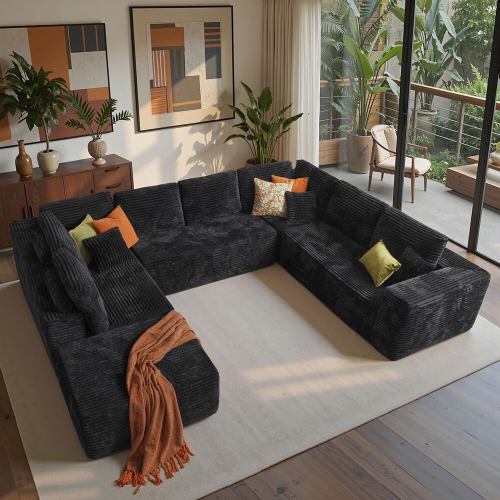 Noviland HOMLUX Modular Floor Sofa with Plush Corduroy, Big Comfy U-Shaped Sectional Couch in Black, , large