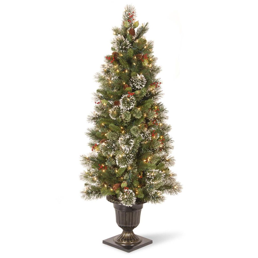 National Tree 5" Wintry Pine Entrance Tree with Cones, Red Berries, Snowflakes & 100 White Lights, , large