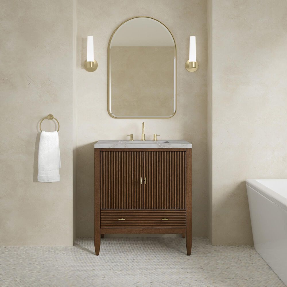 James Martin Myrrin 30" Single Bathroom Vanity in Mid-Century Walnut with 3 cm Victorian Silver Silestone Top and Rectangular Sink, , large