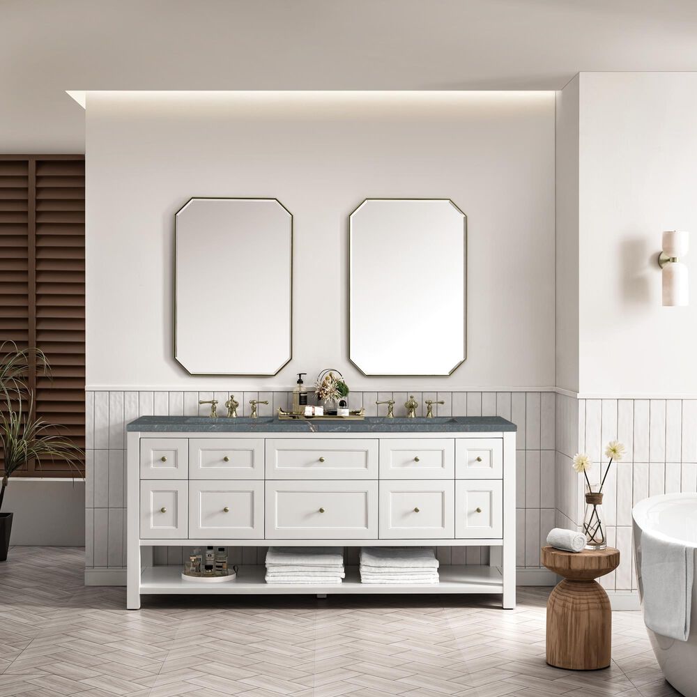 James Martin Vanities Breckenridge 72&quot; Double Bathroom Vanity in Bright White with 3 cm Parisien Bleu Quartz Top and Rectangular Sinks, , large