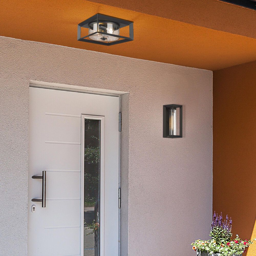 Golden Lighting Smyth 2-Light Outdoor Flush Mount with Seeded Glass Shade in Natural Black, , large