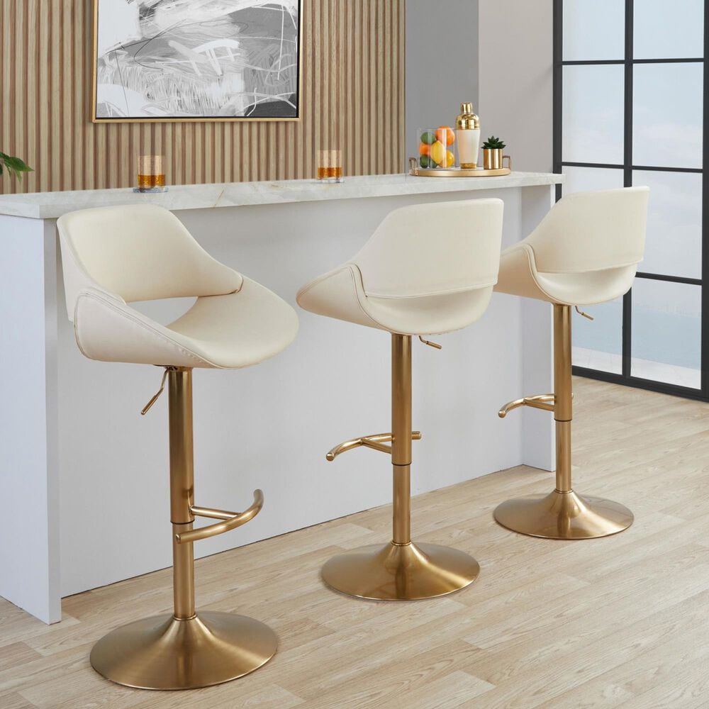 LumiSource Fabrico Swivel Adjustable Bar Stool with Cream Faux Leather Upholstery and Rounded T Footrest in Gold (Set of 2), , large