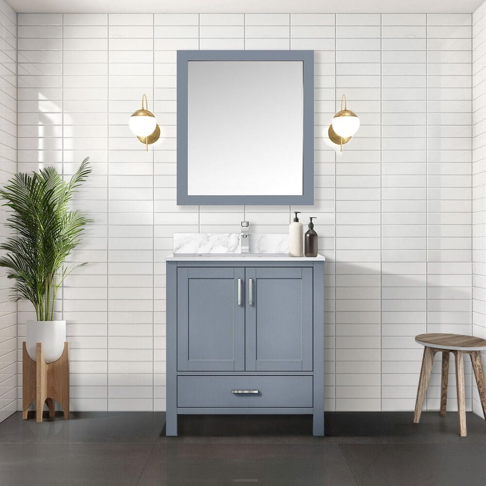Lexora Home Jacques 30&quot; Single Bathroom Vanity in Dark Grey with 2 cm White Carrara Marble Top and Rectangular Sink, , large