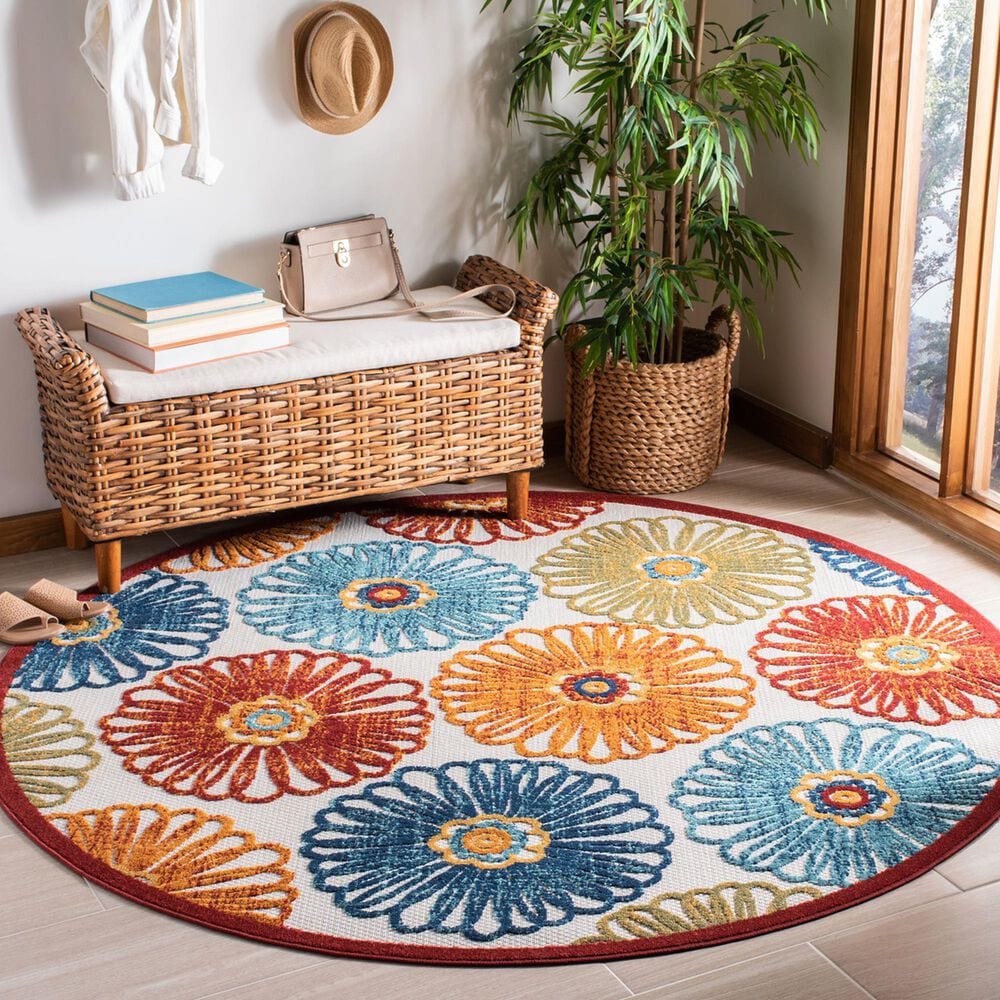 Safavieh Cabana CBN801A 8&#39; Round Creme and Red Indoor/Outdoor Area Performance Rug, , large