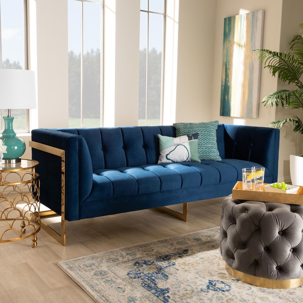 Baxton Studio Ambra Stationary Sofa in Royal Blue Velvet, , large