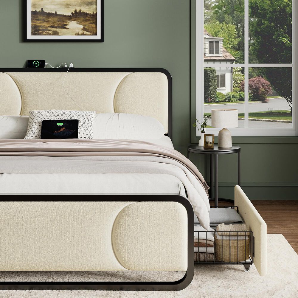 HOMLUX King Upholstered Platform Bed Frame in Beige, , large
