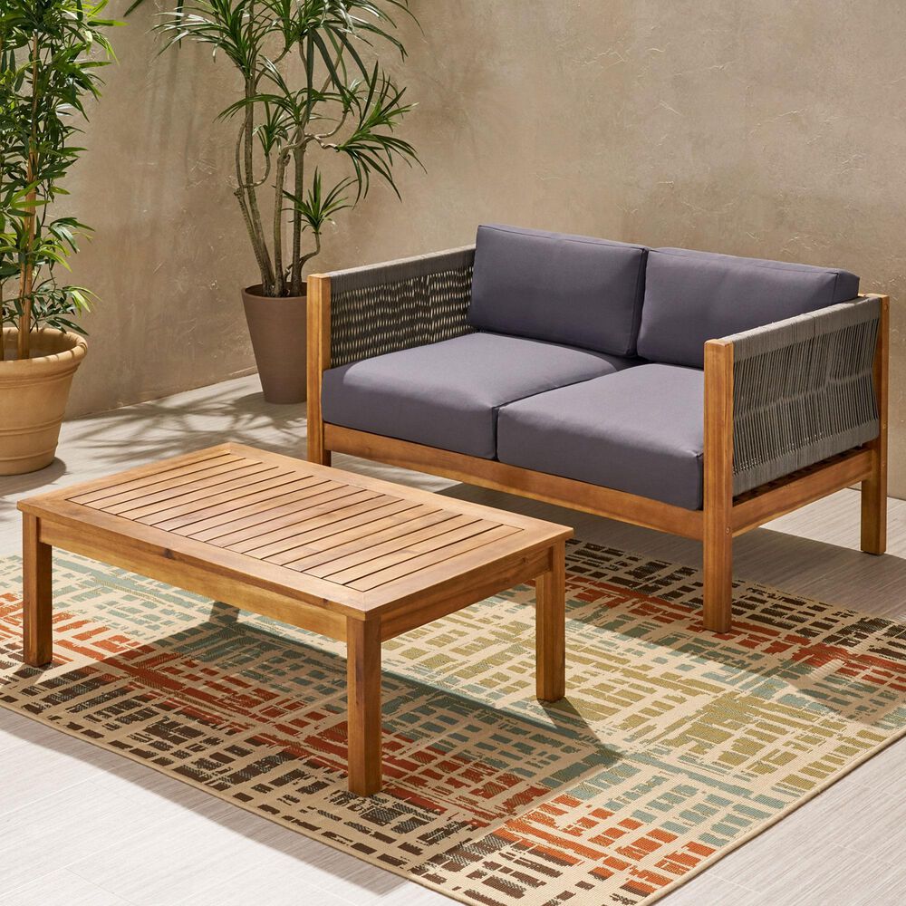 Hearth and Haven Laurel 2-Piece Patio Conversation Set with Gray Cushion in Teak, , large