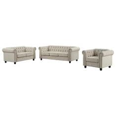 Morden Fort Chesterfield 3-Piece Stationary Linen Living Room Set in Beige