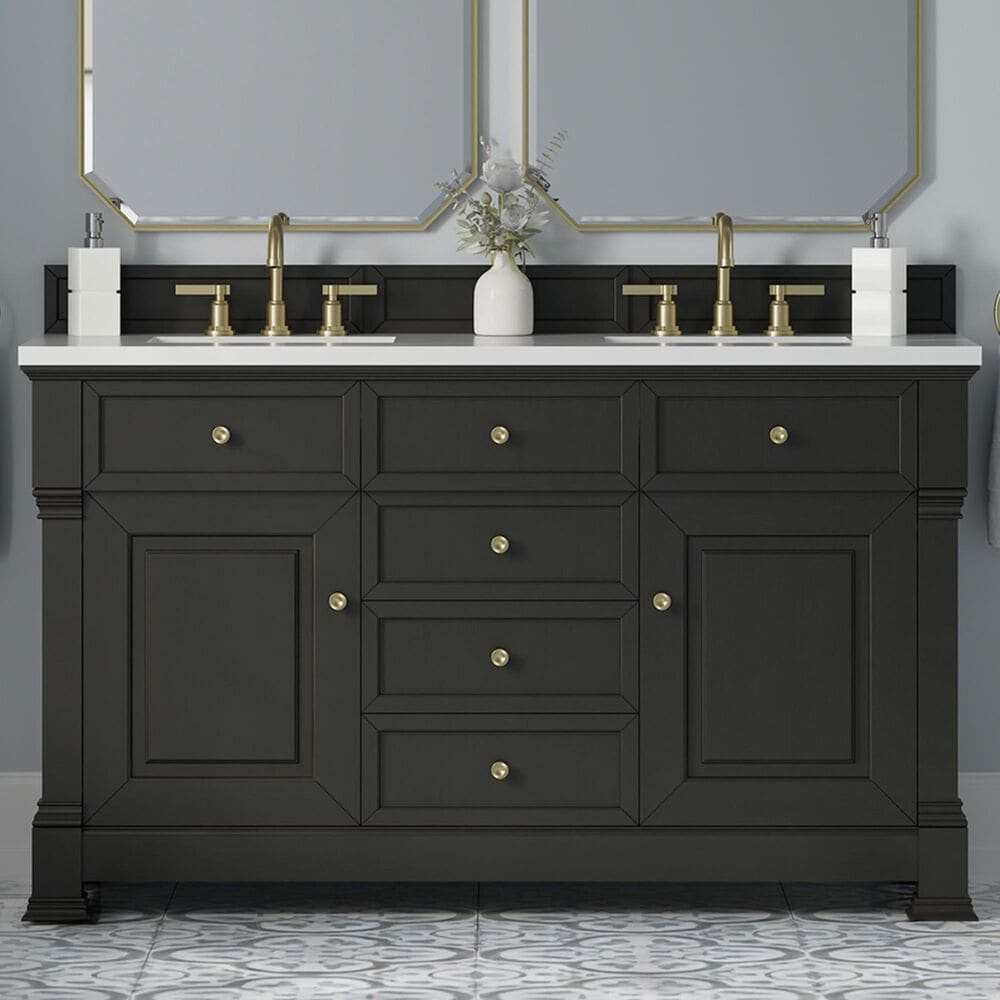 James Martin Vanities Brookfield 60&quot; Double Bathroom Vanity in Black Onyx with 3 cm White Zeus Quartz Top and Rectangular Sinks, , large