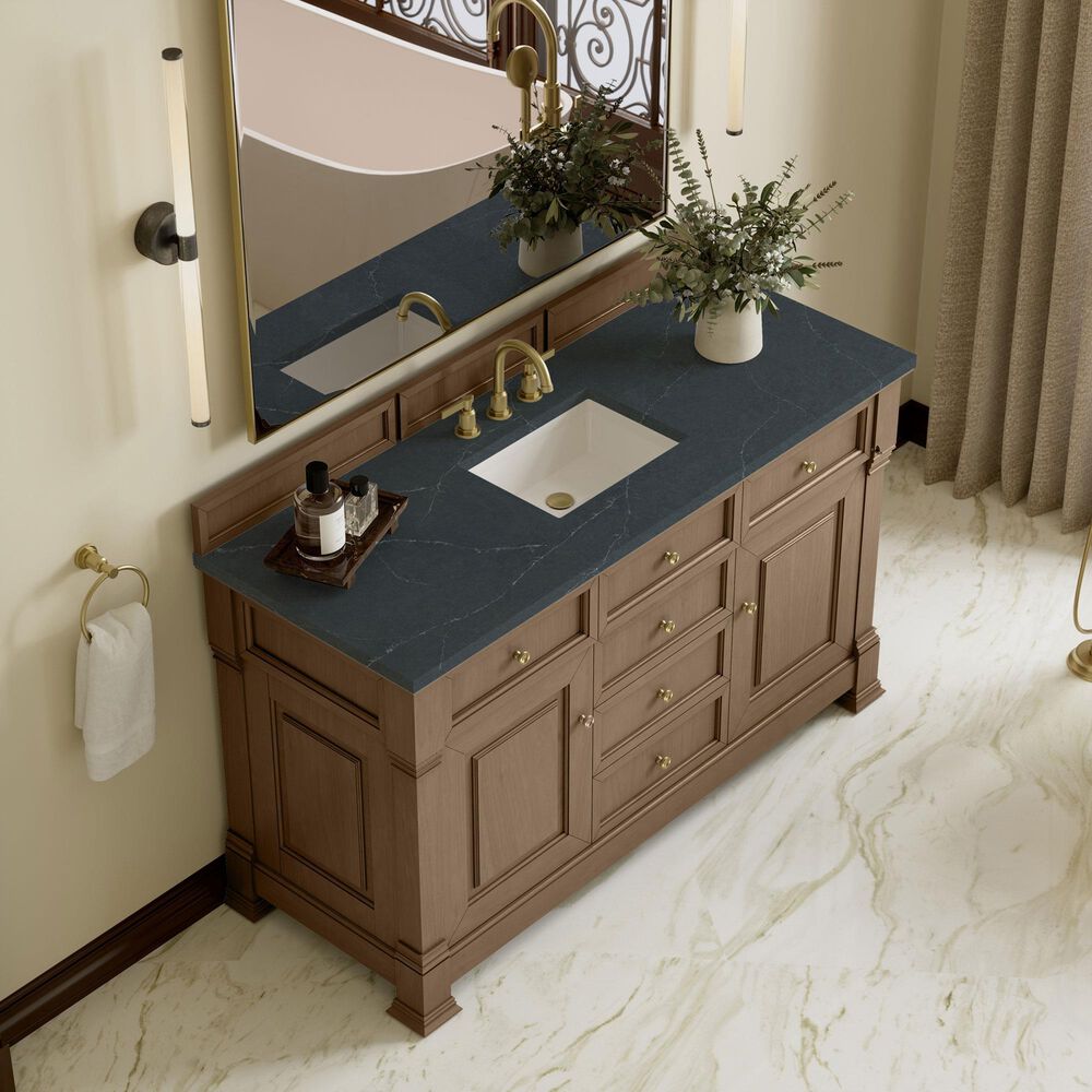 James Martin Vanities Brookfield 60&quot; Single Bathroom Vanity in Pecan with 3 cm Charcoal Soapstone Quartz Top and Rectangular Sink, , large