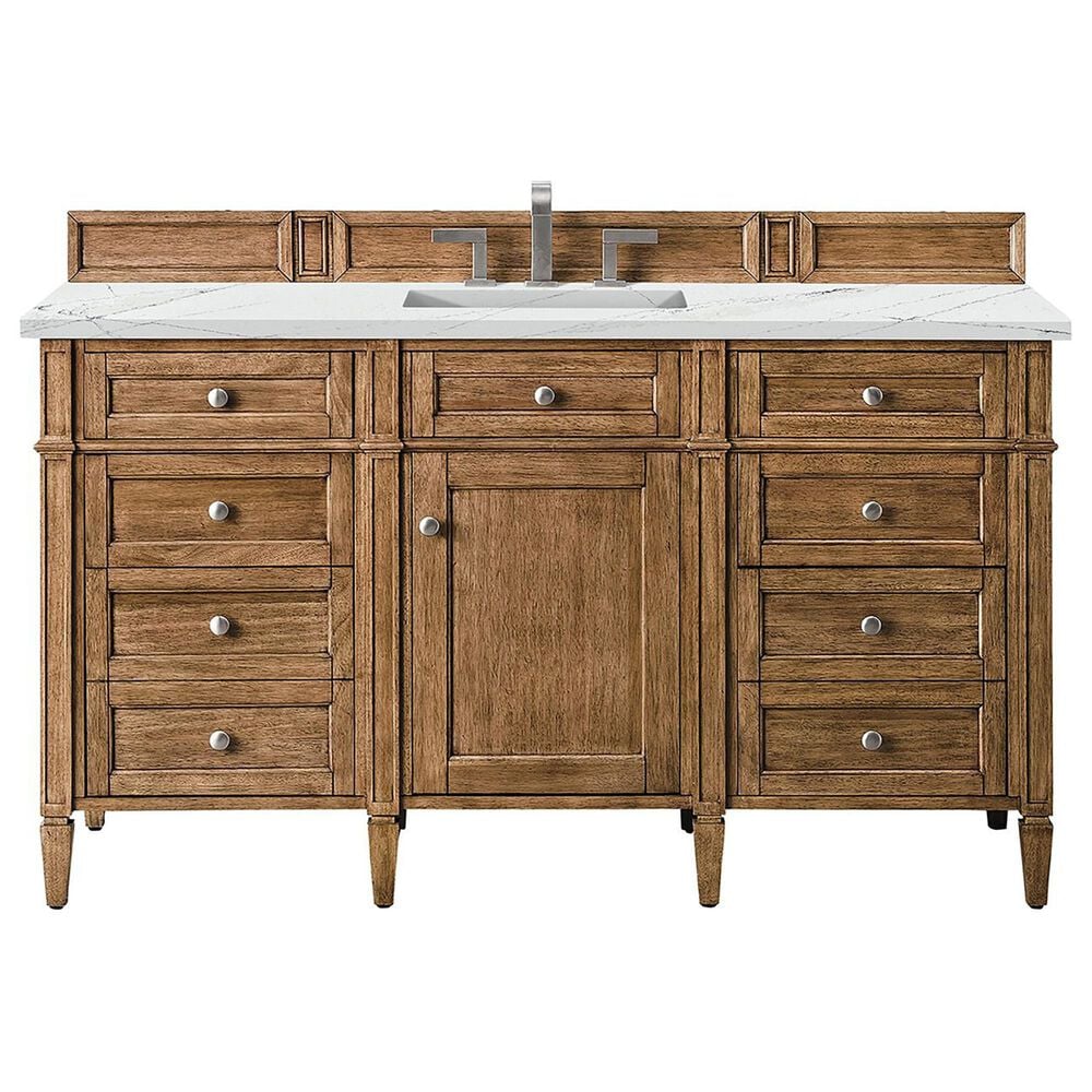 James Martin Vanities Brittany 60" Single Bathroom Vanity in Saddle Brown with 3 cm Ethereal Noctis Quartz Top and Rectangular Sink, , large